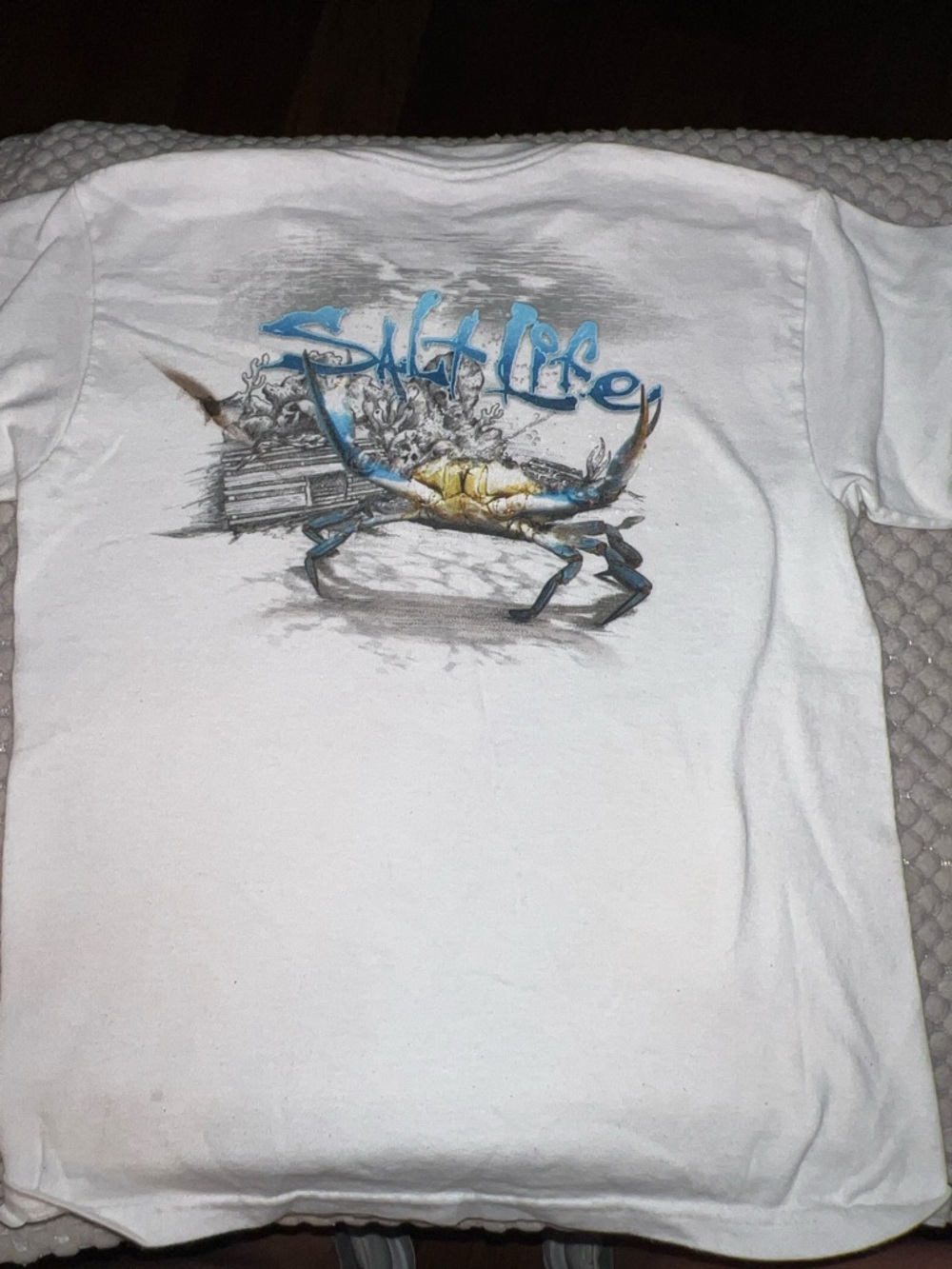 Salt Life White Tee with Blue Script and Multicolor Crab Graphic